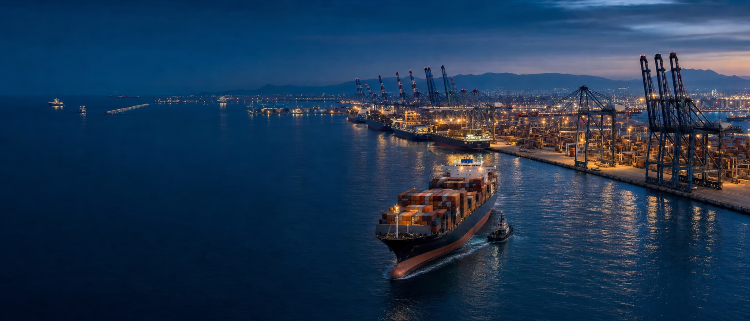Container ship entering a global port at blue hour